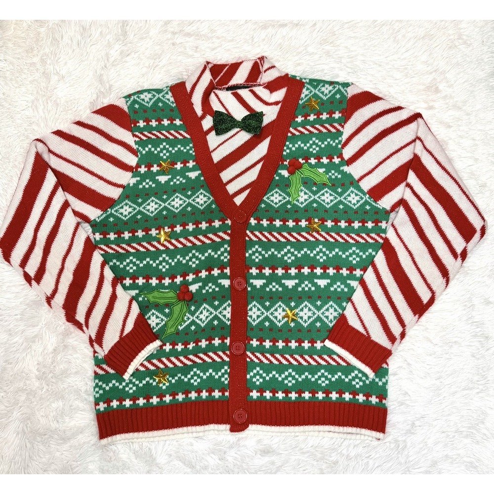 Blizzard Bay Christmas Ugly Sweater Candy Cane Vest Bow Tie Elf Holiday Mens L